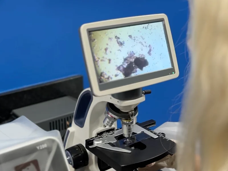 Muestra de piel analizada en el microscopio con pantalla de Lomont® durante un estudio dermatológico