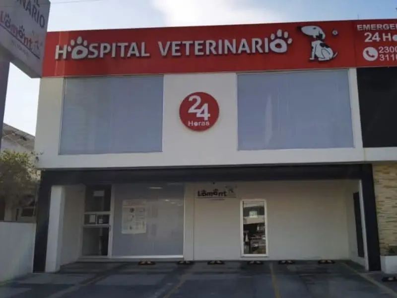 Fachada del Hospital Veterinario Lomont® Patria sobre Av. Patria en Zapopan, Guadalajara: edificio de dos niveles con señalización de urgencias veterinarias 24 horas